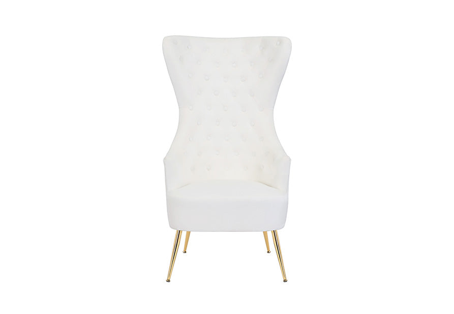 Full-view gray velvet seating with gold architectural legs