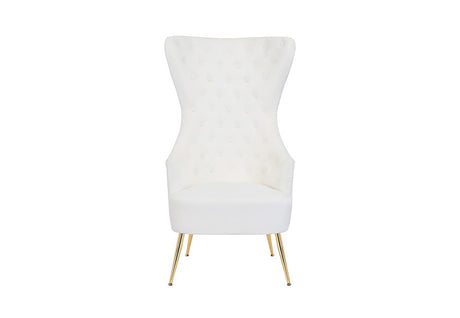 Full-view gray velvet seating with gold architectural legs