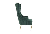 Side profile of gray velvet accent chair with high back design