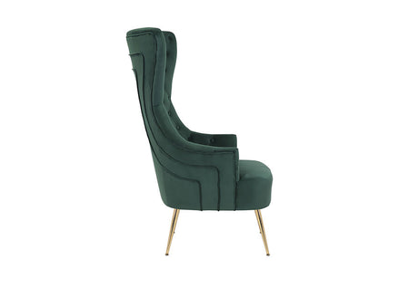 Side profile of gray velvet accent chair with high back design