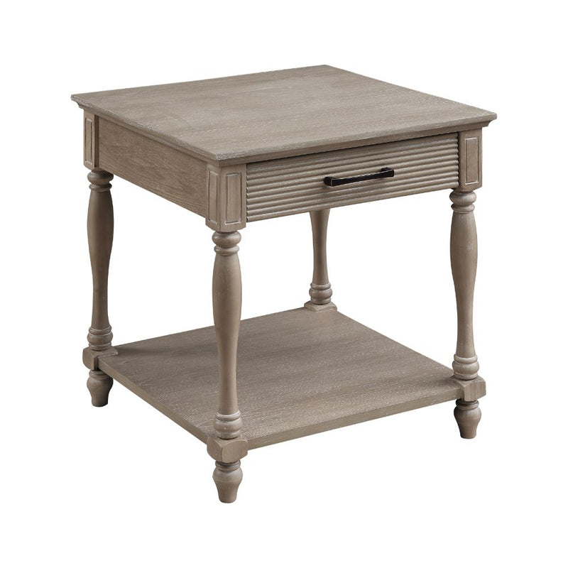 Ariolo End Table - Drawer & Open Shelf with Turned Legs in Weathered Oak