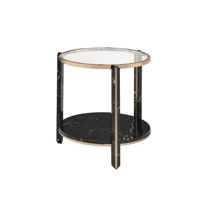 Thistle Round End Table - Glass Top & Faux Marble Shelf in Black & Champagne