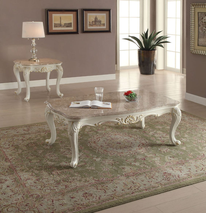 Chantelle Accent Collection - Marble-Top Coffee Table, End Table & Beveled Mirror in Pearl White