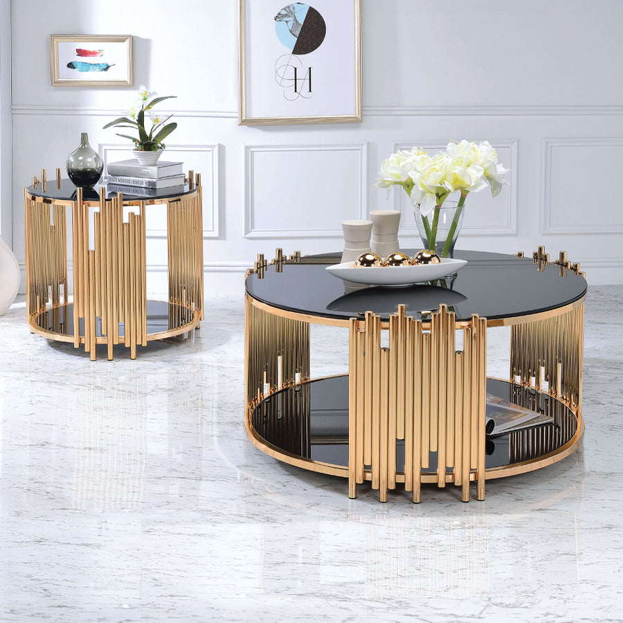 Tanquin Round Drum Coffee & End Table - Black Tempered Glass & Gold Metal Tubing
