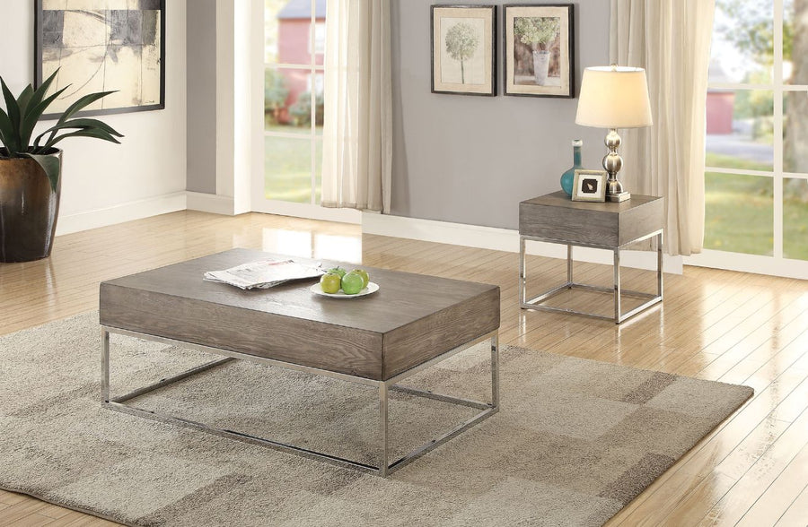 Cecil II Coffee Table - Geometric Chrome Base in Gray Oak