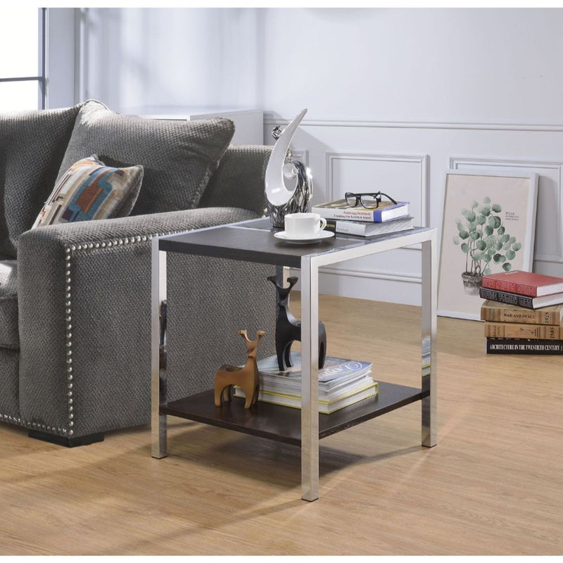 Jethro End Table - Bottom Shelf Storage in Espresso & Chrome