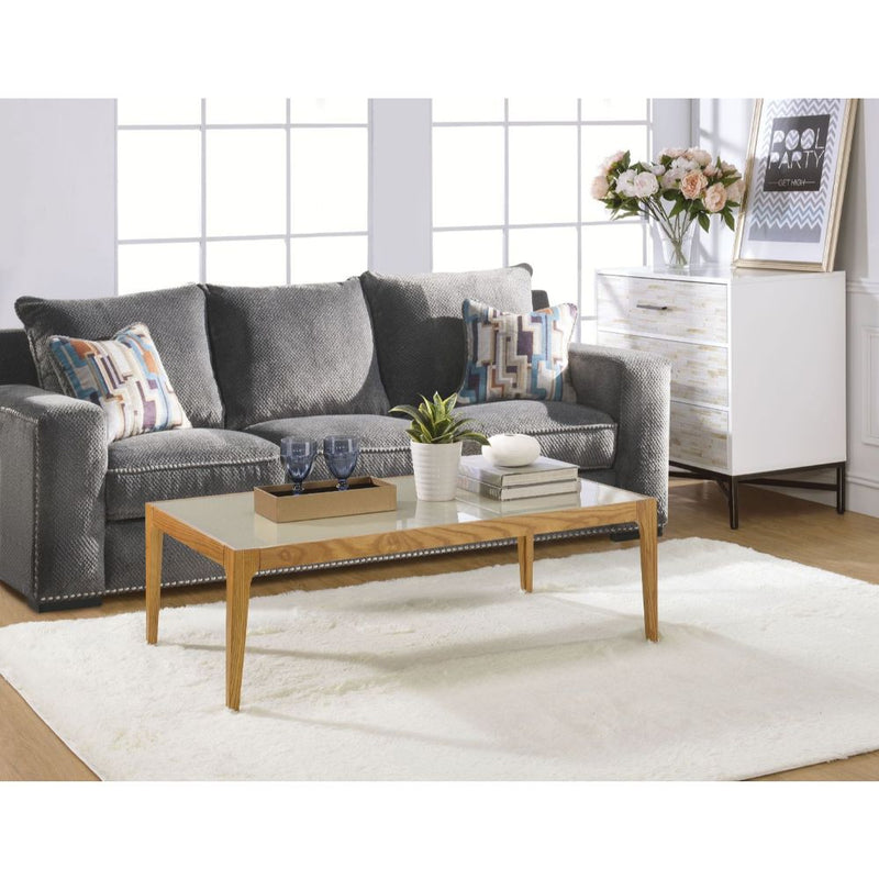 Gwynn Coffee Table - Frosted Glass Top & Solid Wood Tapered Legs in Natural