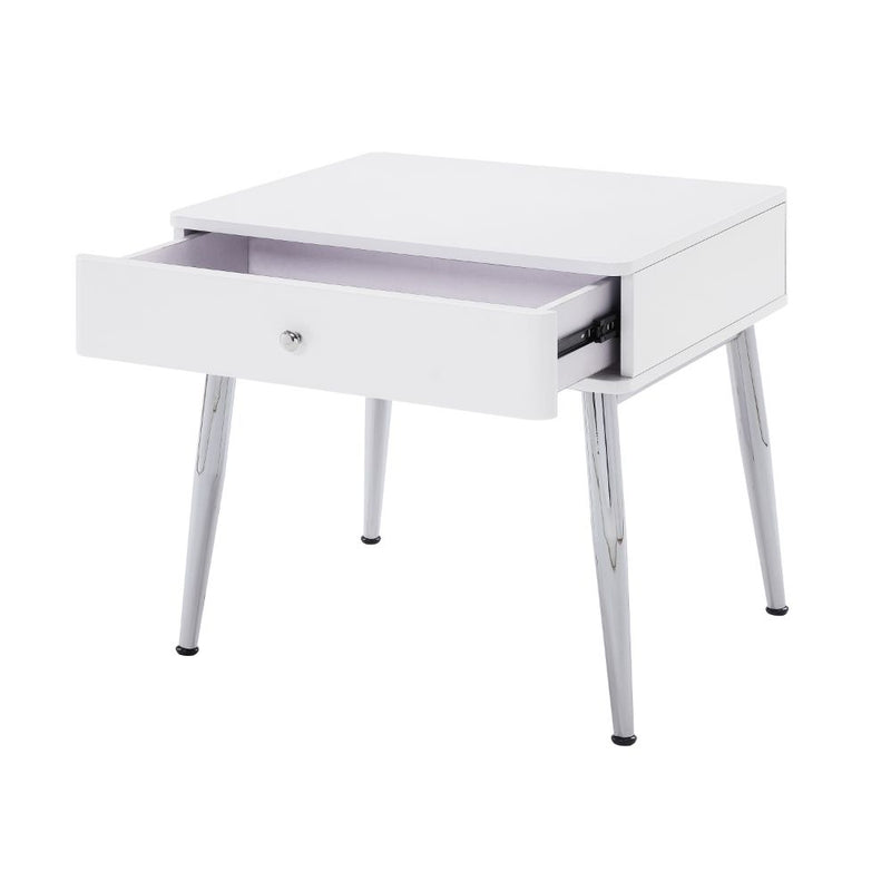 Weizor End Table - Top Drawer & Chrome Splayed Legs in White High Gloss