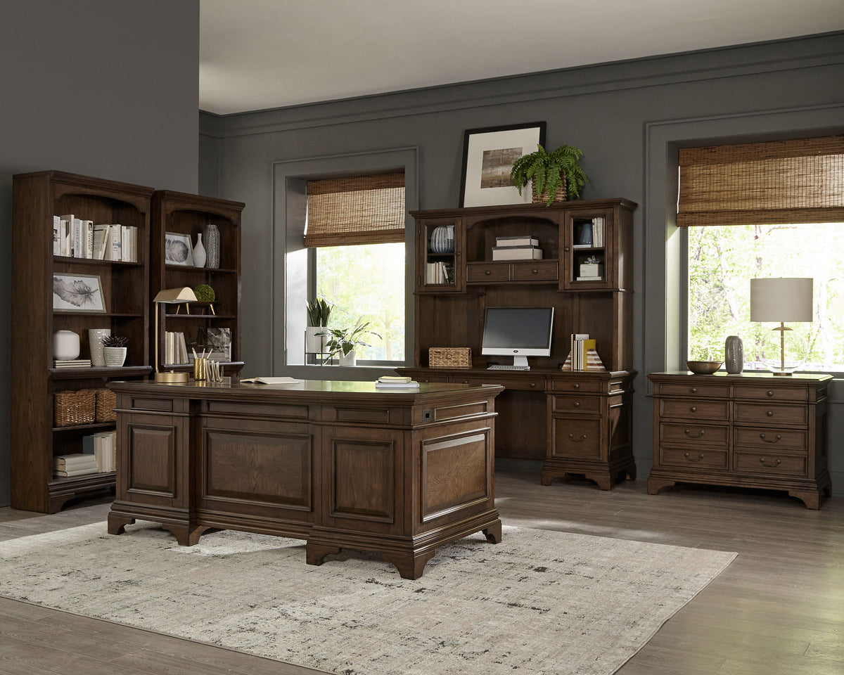 Hartshill Executive Desk, Credenza, File Cabinet & Bookcases - Traditional Home Office in Burnished Oak