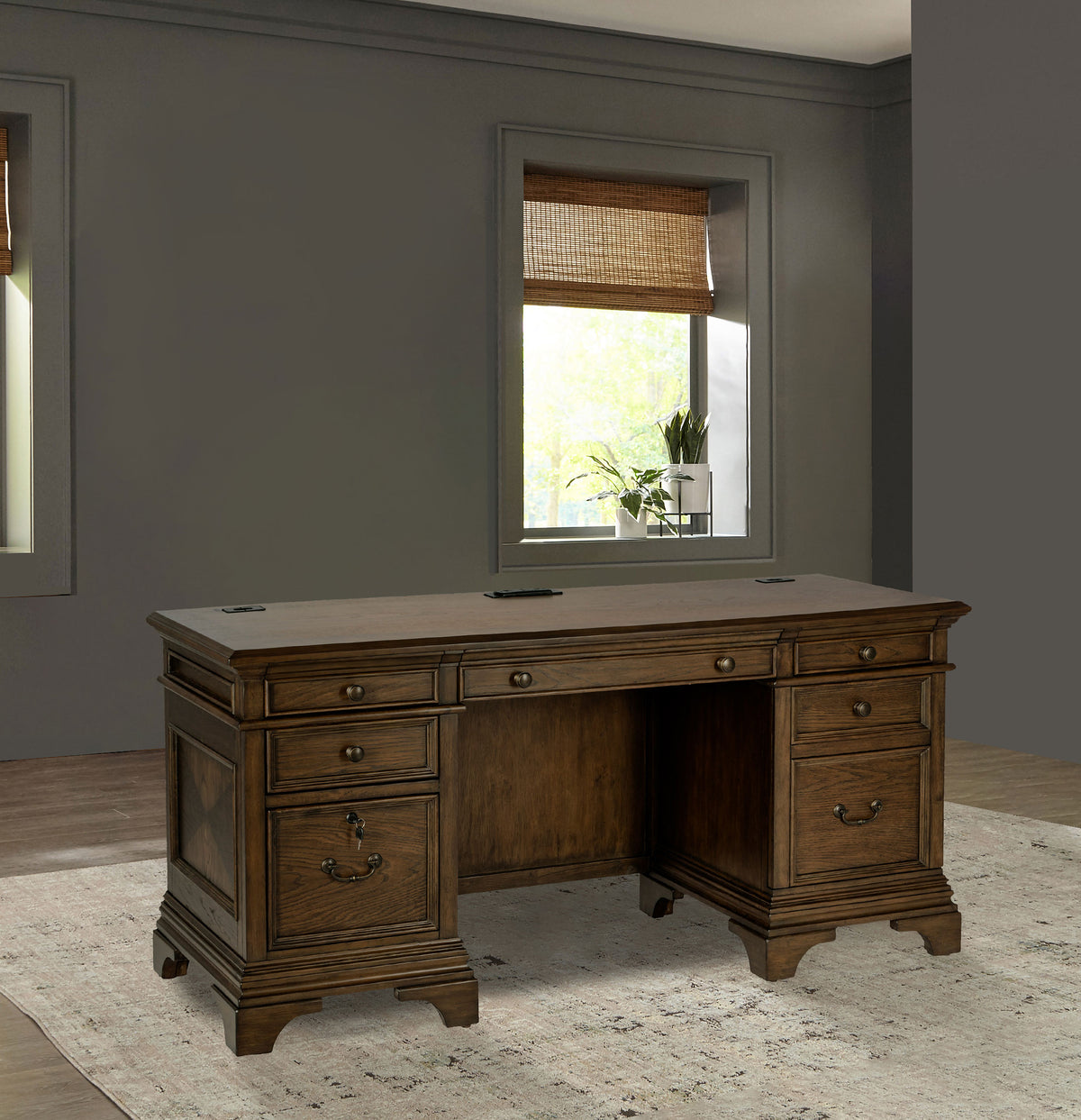 Hartshill Executive Desk, Credenza, File Cabinet & Bookcases - Traditional Home Office in Burnished Oak – view 2
