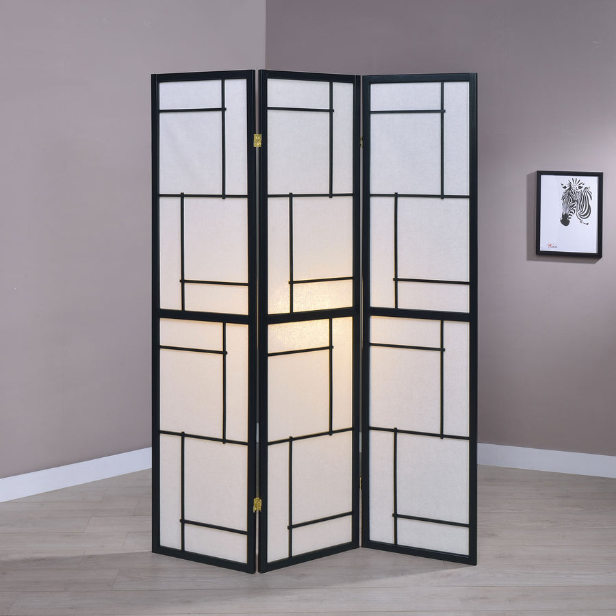 Damis 3-Panel Folding Shoji Screen Room Divider - Black Frame with White Fabric Panels