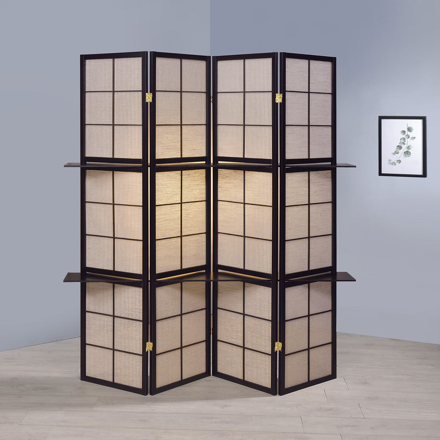 Iggy 4-Panel Folding Room Divider with 2 Shelves - Tan Jute Panels in Cappuccino Wood Frame