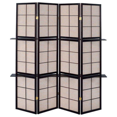 Iggy 4-Panel Folding Room Divider with 2 Shelves - Tan Jute Panels in Cappuccino Wood Frame – view 3