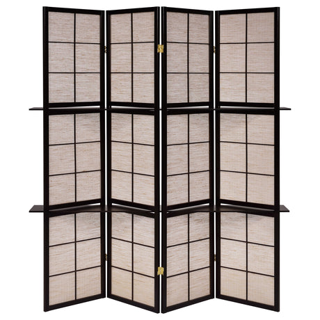 Iggy 4-Panel Folding Room Divider with 2 Shelves - Tan Jute Panels in Cappuccino Wood Frame – view 4