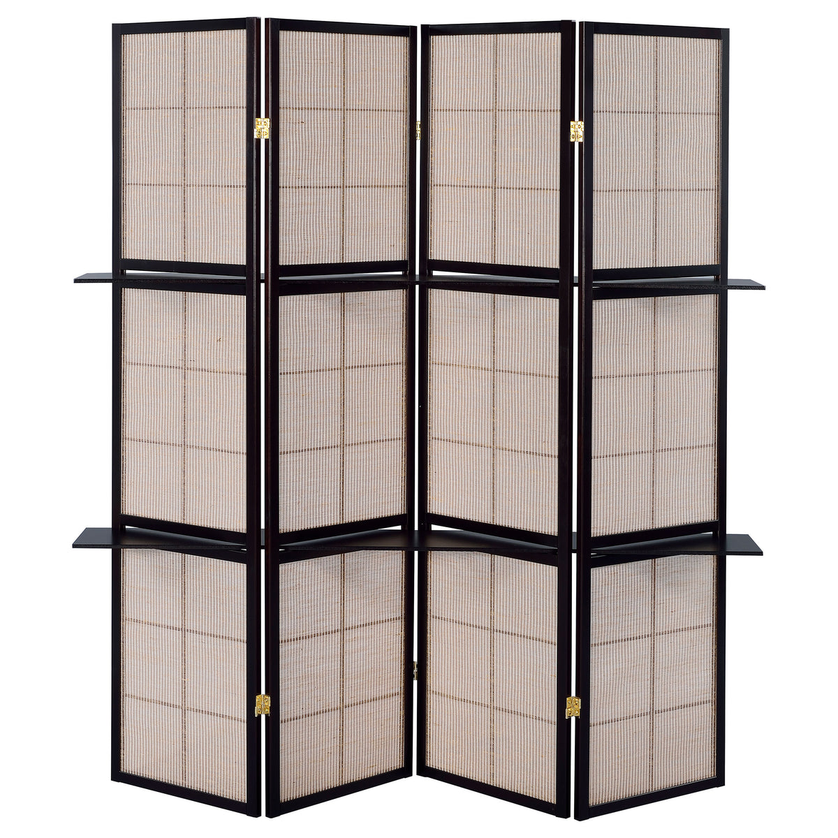 Iggy 4-Panel Folding Room Divider with 2 Shelves - Tan Jute Panels in Cappuccino Wood Frame – view 5