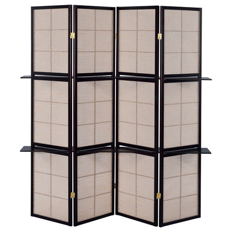 Iggy 4-Panel Folding Room Divider with 2 Shelves - Tan Jute Panels in Cappuccino Wood Frame – view 5
