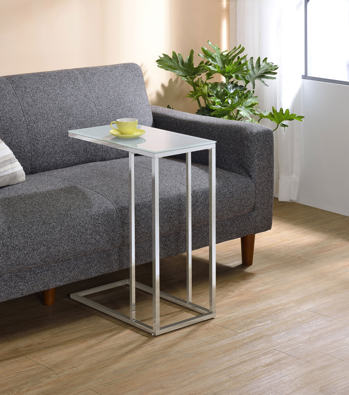 Stella C-Shaped Sofa Side Table - White Glass Top on Chrome Frame – view 1