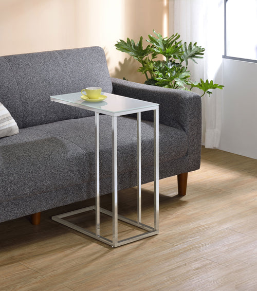 Stella C-Shaped Sofa Side Table - White Glass Top on Chrome Frame