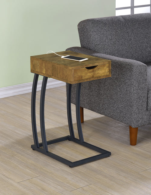 Troy C-Shaped Side Table with Drawer & Charging Station - Rustic Nutmeg and Gunmetal