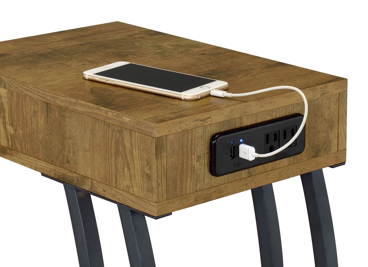 Troy C-Shaped Side Table with Drawer & Charging Station - Rustic Nutmeg and Gunmetal – view 3