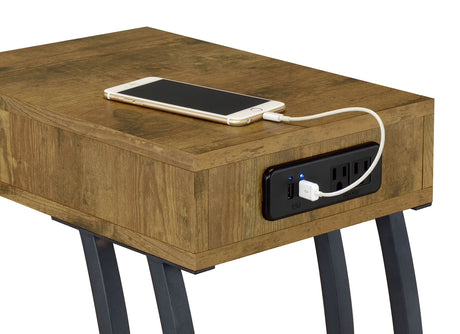 Troy C-Shaped Side Table with Drawer & Charging Station - Rustic Nutmeg and Gunmetal – view 3