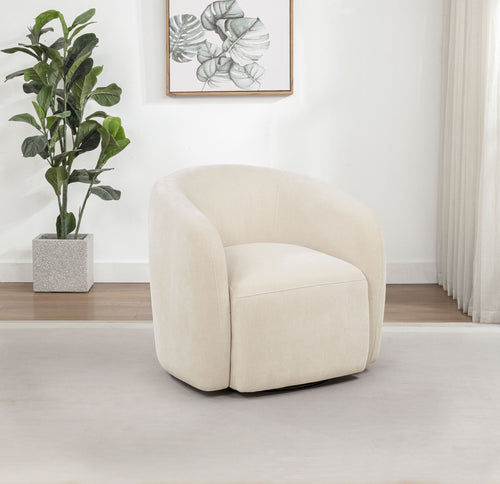 Gerley Swivel Barrel Accent Chair - Beige Chenille with Rounded Arms & Metal Swivel Base