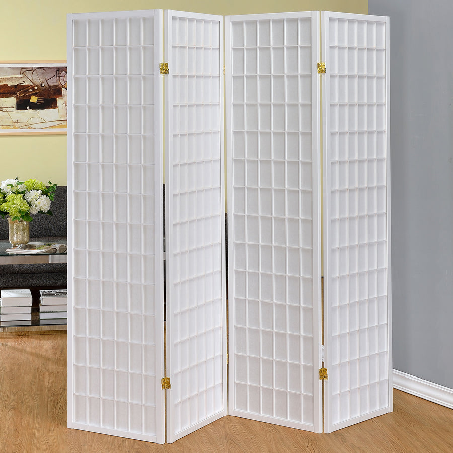 Roberto 4-Panel Shoji-Style Room Divider - White Grid Frame with Fabric Panels