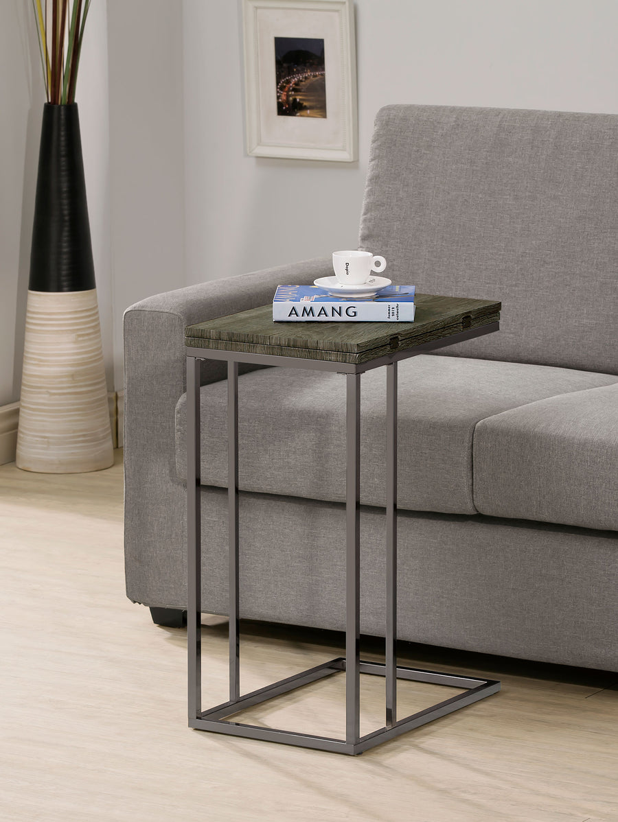 Pedro Expandable C-Shaped Side Table - Fold-Out Top in Weathered Grey with Black Nickel Base