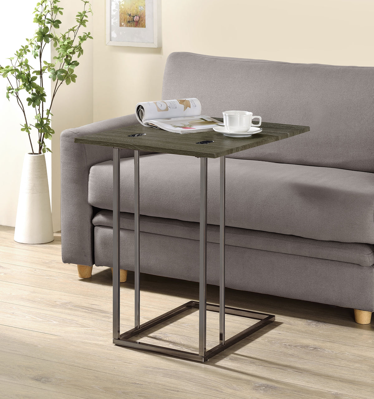 Pedro Expandable C-Shaped Side Table - Fold-Out Top in Weathered Grey with Black Nickel Base – view 3