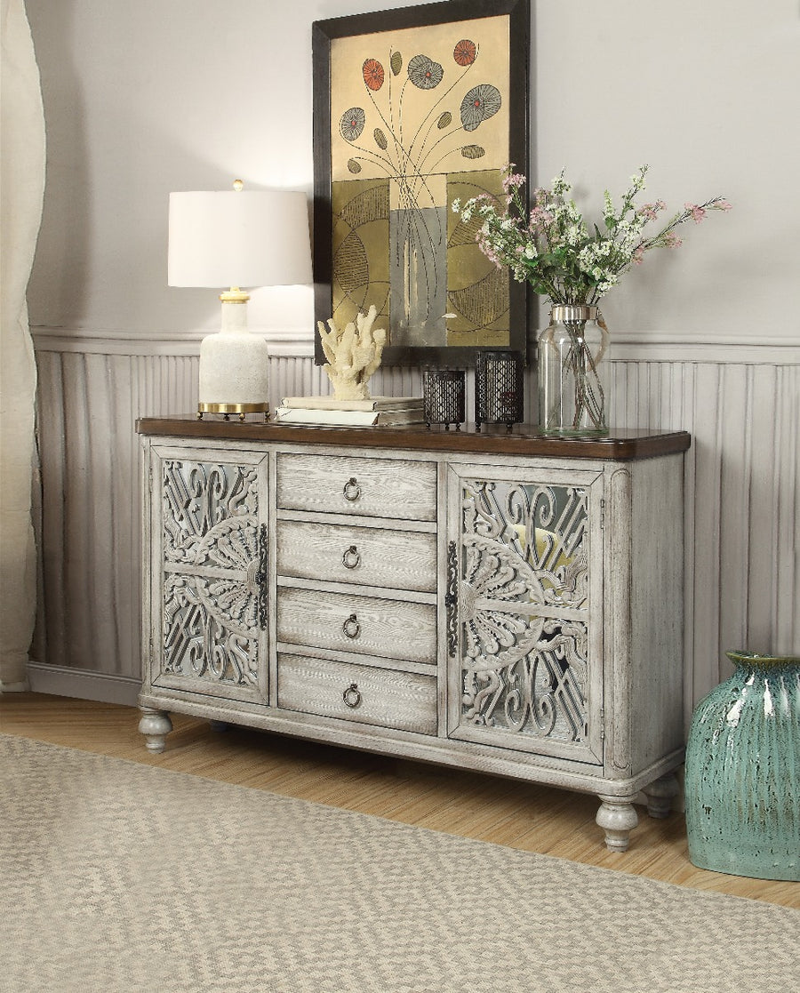 Vermont Console Cabinet - Mirrored Inlay Doors, 4 Drawers & Bun Feet in Antique White