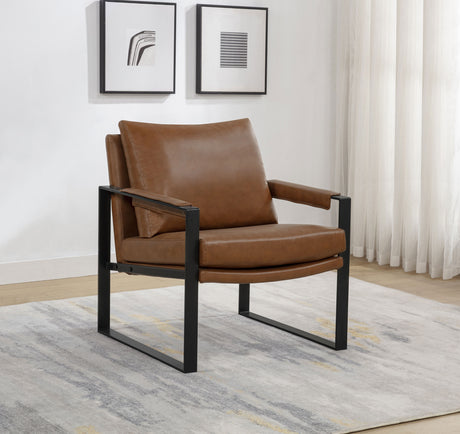 Rosalind Track Arm Accent Chair - Brown Leatherette on Slim Metal Frame – view 1