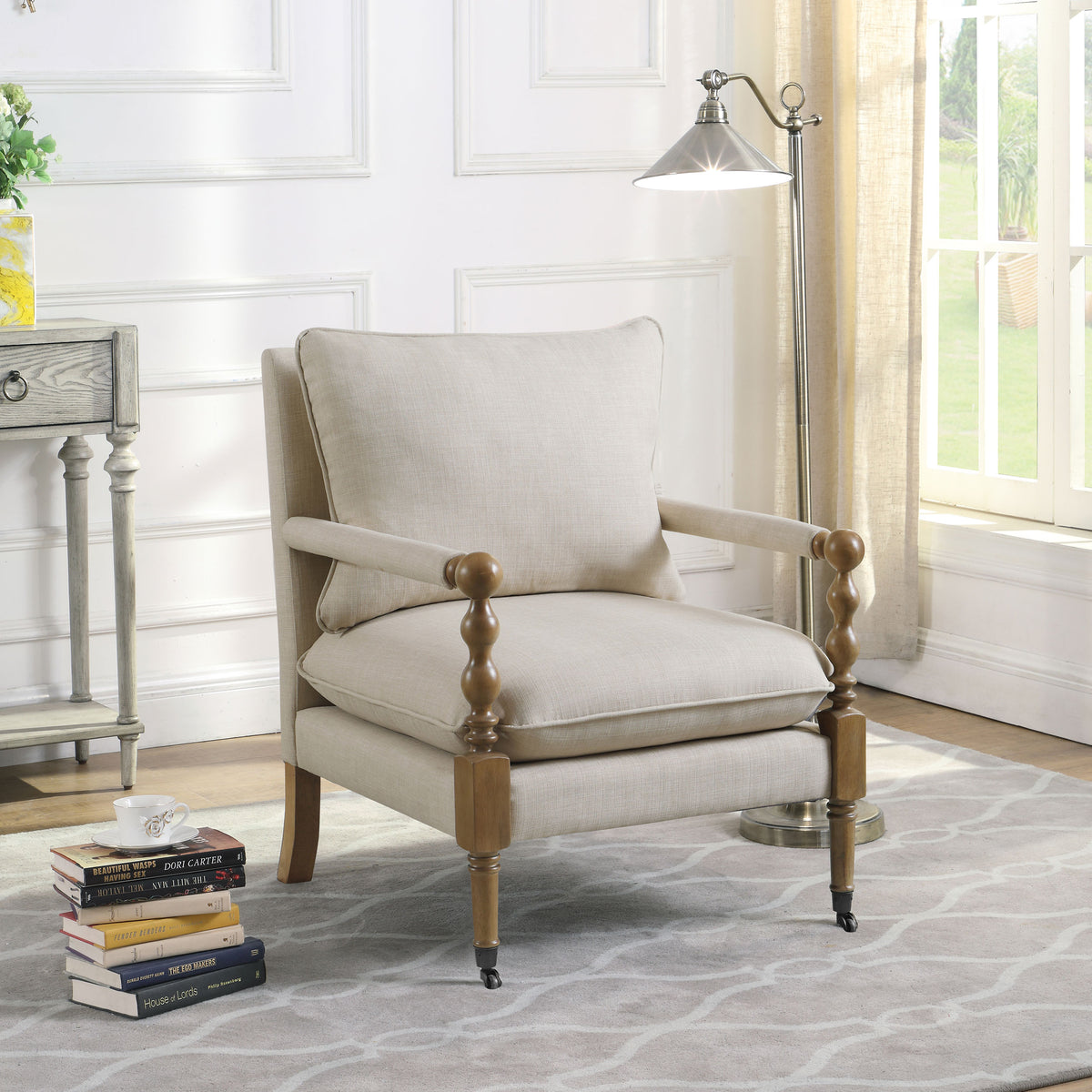 Dempsy Upholstered Accent Chair with Casters - Beige Linen-Like Fabric & Dark Oak Turned Legs – view 1