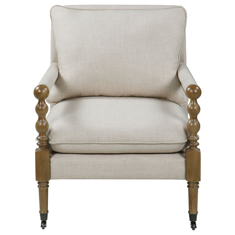 Dempsy Upholstered Accent Chair with Casters - Beige Linen-Like Fabric & Dark Oak Turned Legs – view 3
