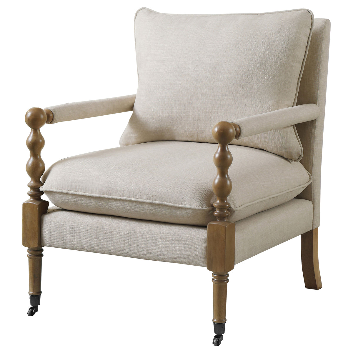 Dempsy Upholstered Accent Chair with Casters - Beige Linen-Like Fabric & Dark Oak Turned Legs – view 4