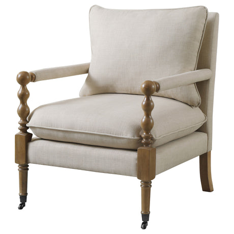 Dempsy Upholstered Accent Chair with Casters - Beige Linen-Like Fabric & Dark Oak Turned Legs – view 4