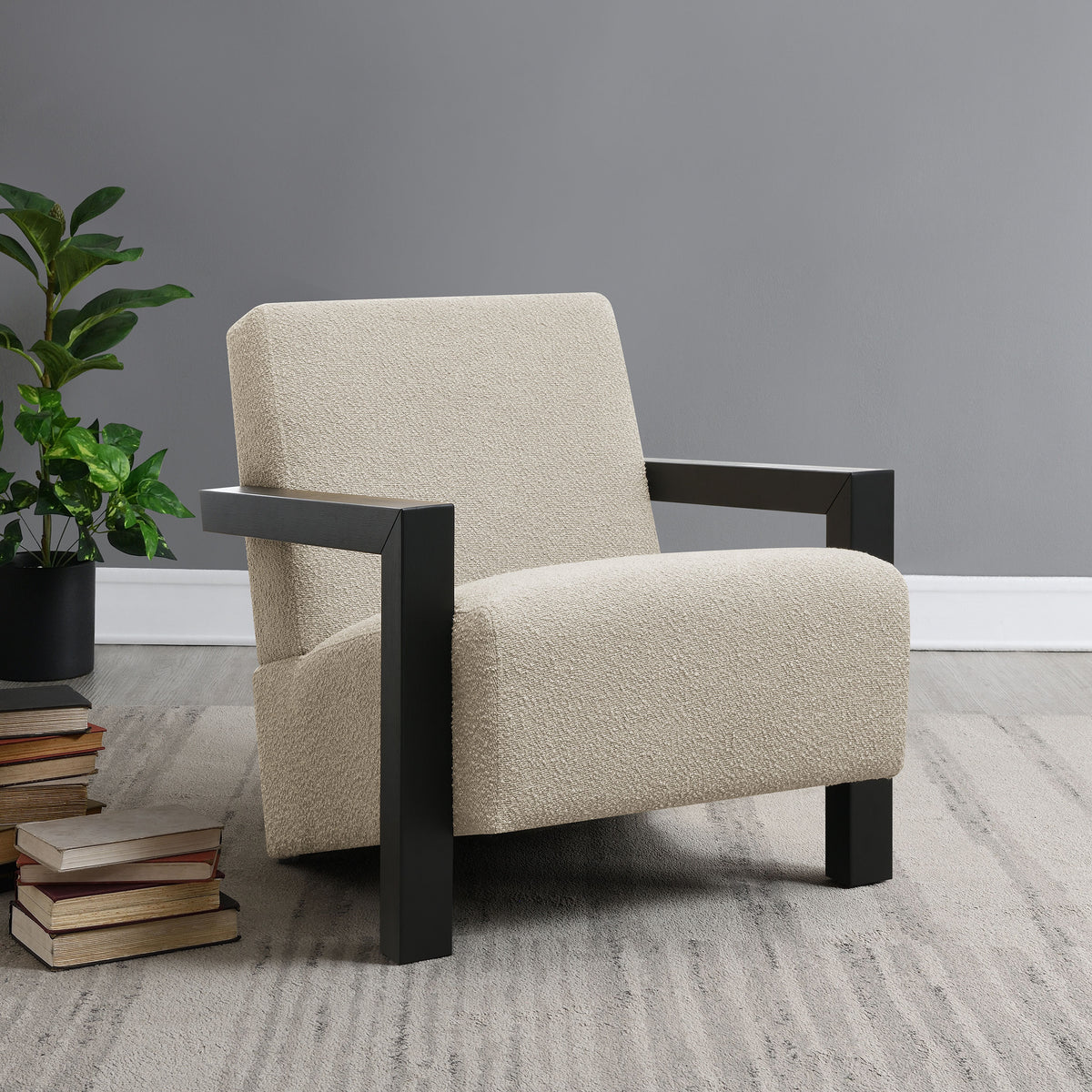 Fitzroy Boucle Accent Arm Chair - Exposed Black Wood Arms in Latte, Modern Minimalist Seating – view 1