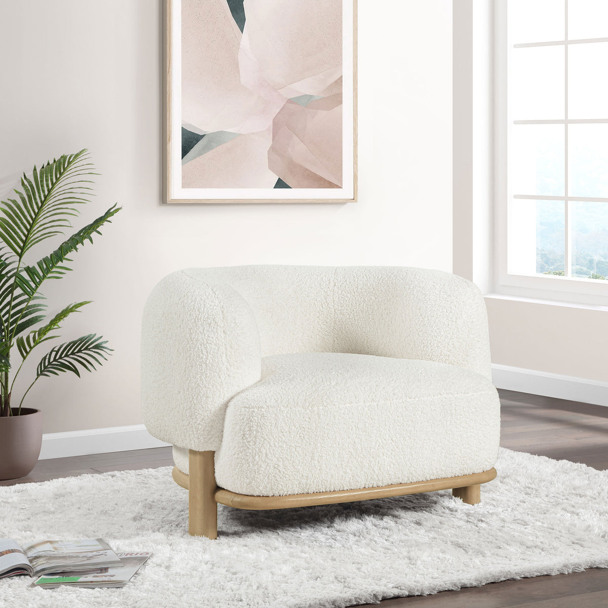 Lawler Barrel Back Boucle Accent Chair - Sculptural Ivory Upholstery on Natural Oak Base – view 1