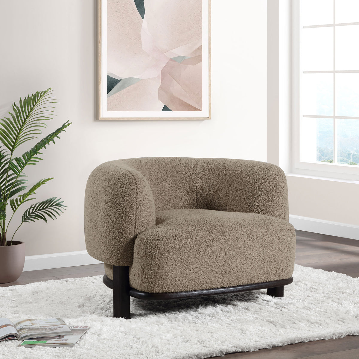 Lawler Barrel Back Accent Chair - Brown Boucle with Black Base, Sculptural Lounge Seating – view 1
