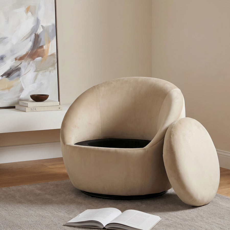Myernick Velvet Barrel Swivel Accent Chair - Camel with Black Metal Swivel Base
