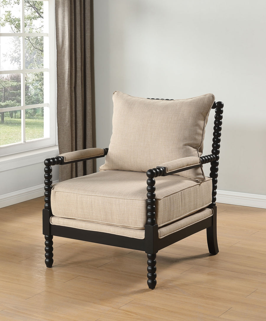 Blanchett Bobbin Accent Chair - Beige Fabric with Turned Black Wood Arms & Legs