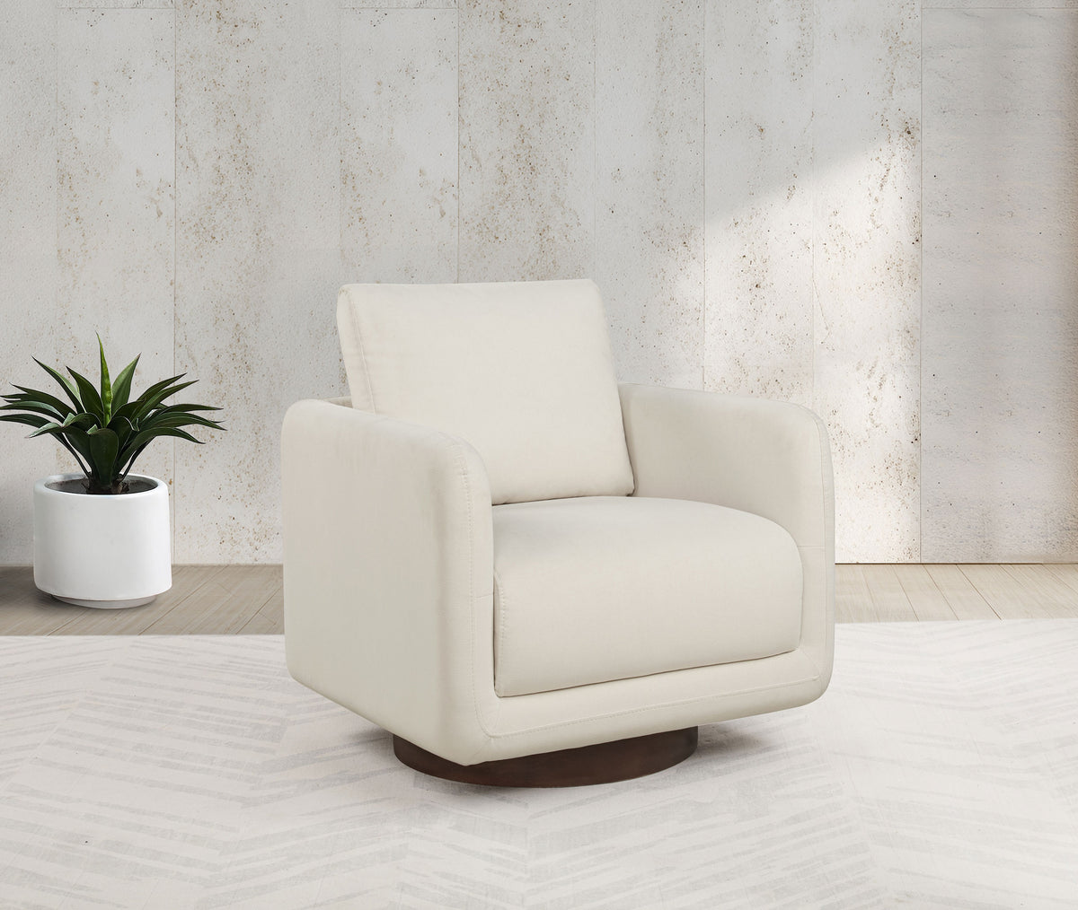 Iris Swivel Accent Chair - Rounded Ivory Upholstery with Track Arms on Coffee Wood Base – view 1