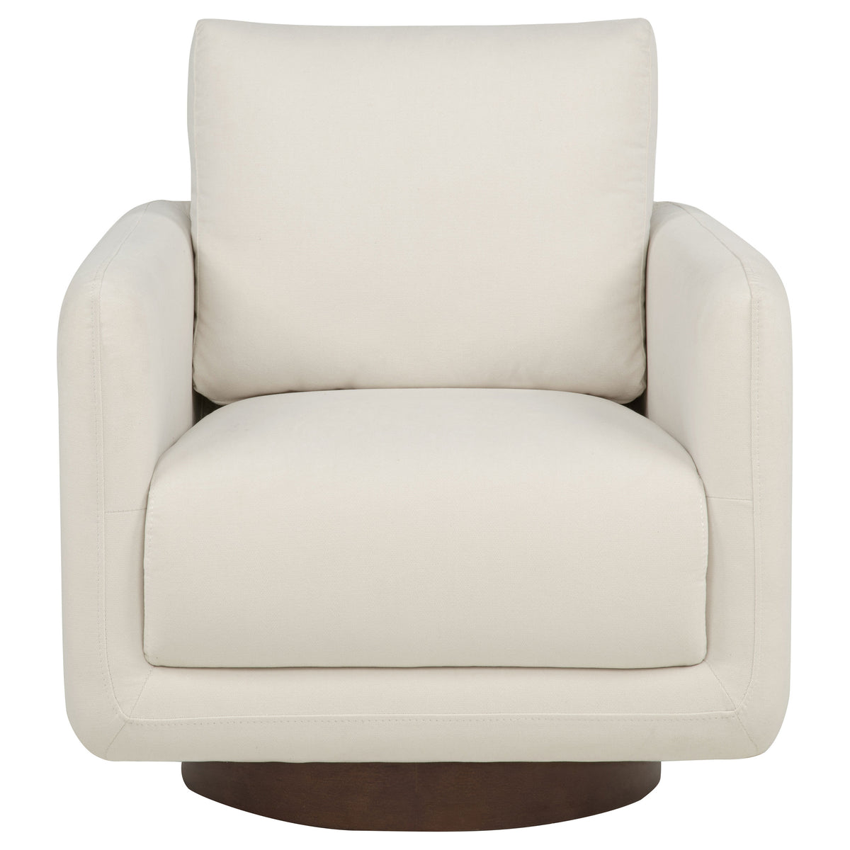 Iris Swivel Accent Chair - Rounded Ivory Upholstery with Track Arms on Coffee Wood Base – view 3