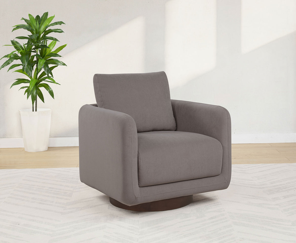 Iris Swivel Accent Chair - Stone Fabric with Track Arms & Coffee Wood Pedestal Base – view 1