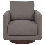 Iris Swivel Accent Chair - Stone Fabric with Track Arms & Coffee Wood Pedestal Base – view 3