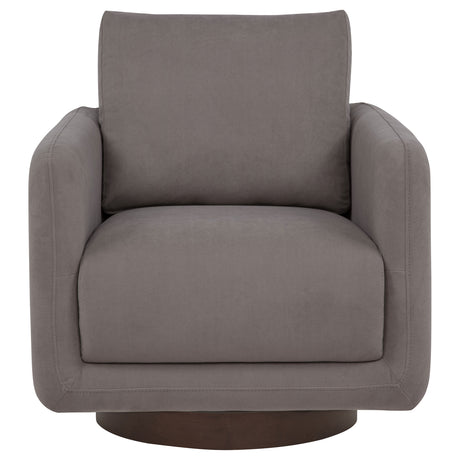 Iris Swivel Accent Chair - Stone Fabric with Track Arms & Coffee Wood Pedestal Base – view 3