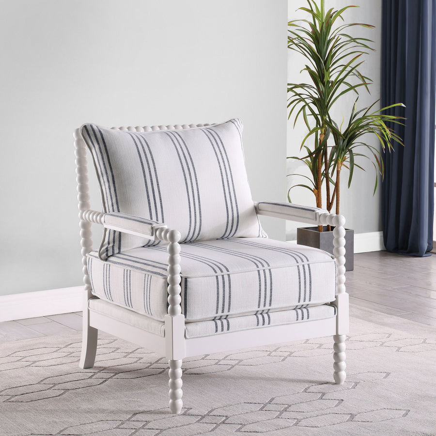 Blanchett Bobbin Accent Chair - Coastal White & Navy Stripe Upholstery with Turned Wood Frame