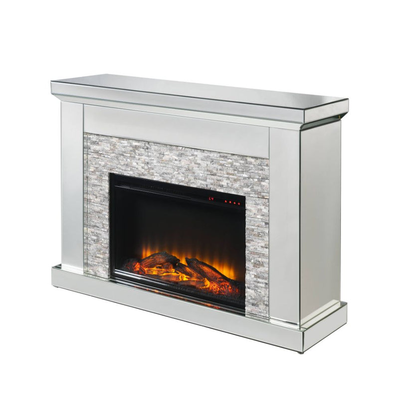 Laksha LED Electric Fireplace - Beveled Mirrored Frame with Faux Stone Inlay