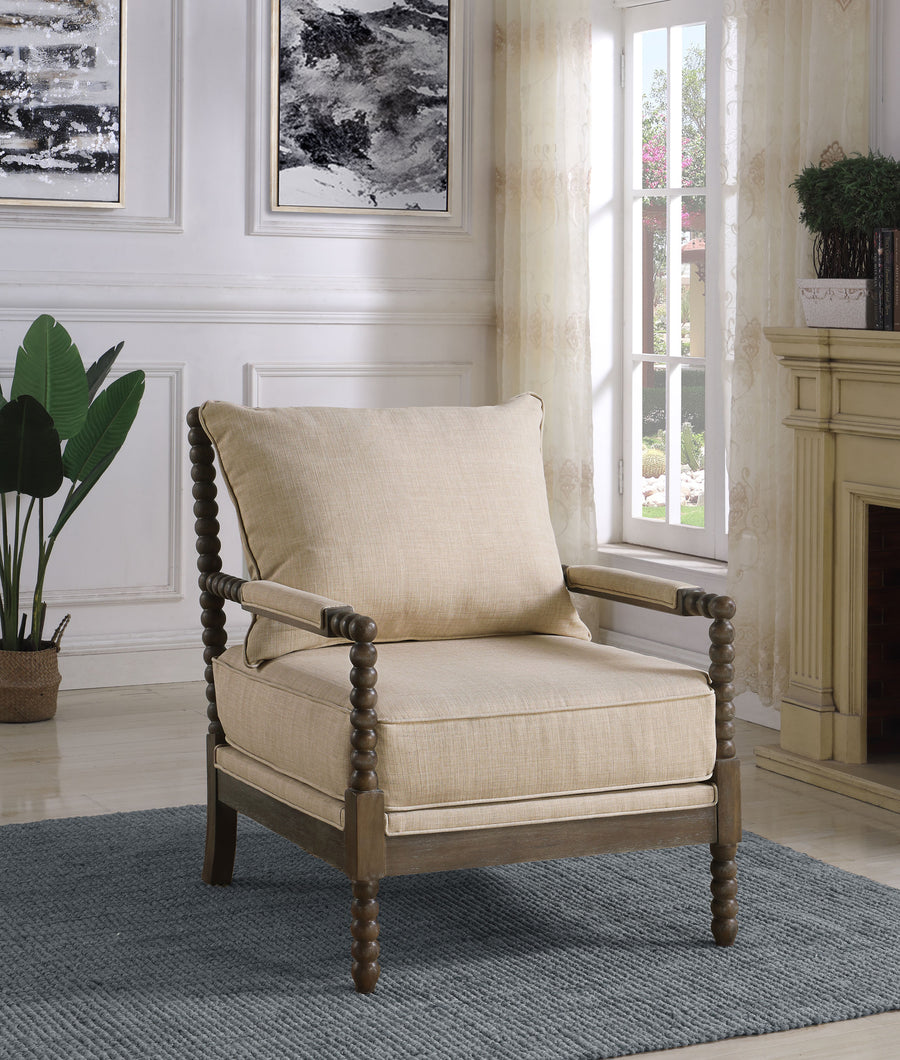 Blanchett Bobbin Accent Chair - Turned Wood Arms & Legs in Distressed Brown with Beige Fabric Cushions