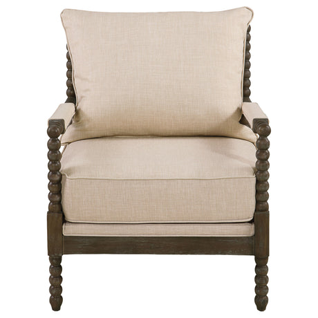 Blanchett Bobbin Accent Chair - Turned Wood Arms & Legs in Distressed Brown with Beige Fabric Cushions – view 3