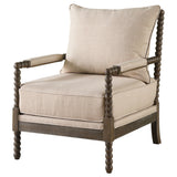 Blanchett Bobbin Accent Chair - Turned Wood Arms & Legs in Distressed Brown with Beige Fabric Cushions – view 4